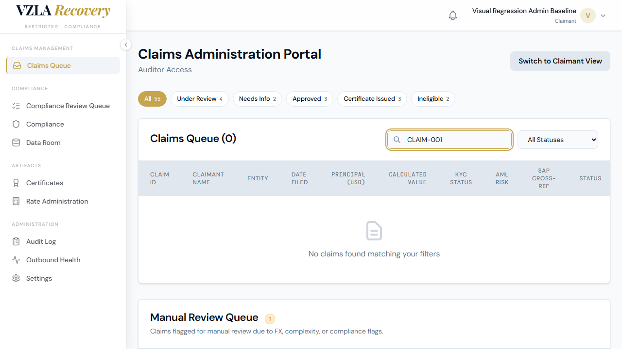 Search box in action, narrowing the queue to one matching claim.
