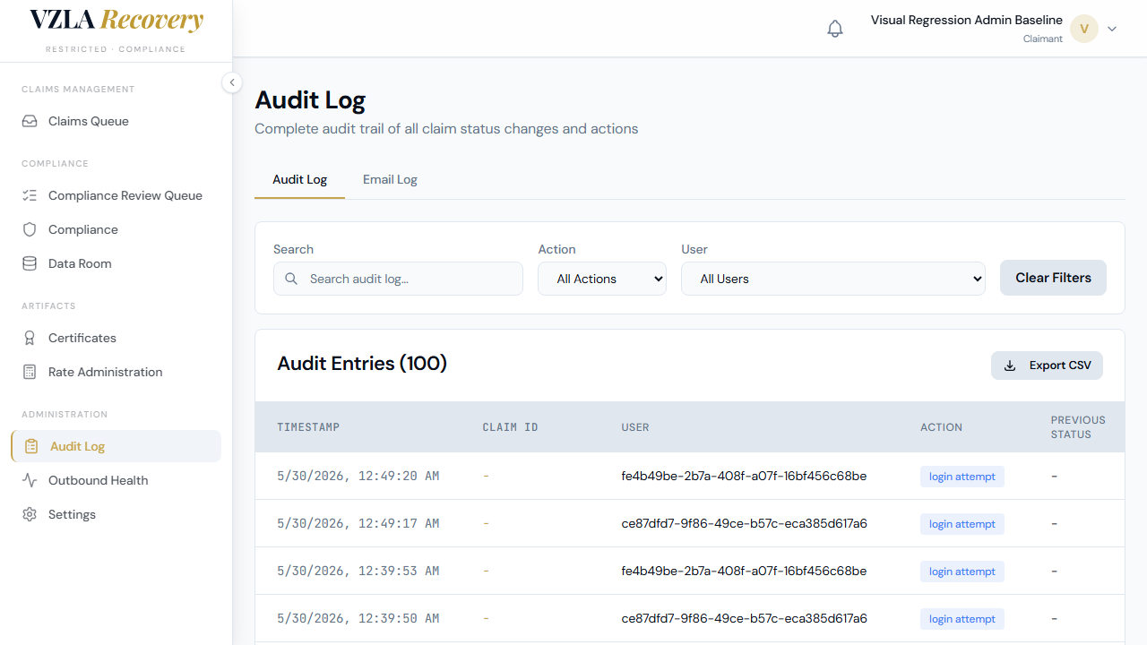 Audit log page showing the filter controls at the top (search box, action filter dropdown, user filter dropdown, and Clear Filters button) and the full table below with seven columns: Timestamp, Claim ID, User, Action, Previous Status, New Status, and Notes.