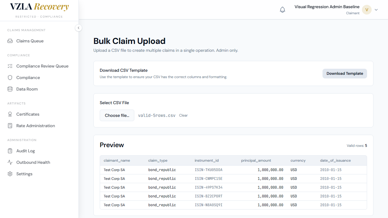 CSV preview after file selection shows parsed claims in a table with columns for claimant name, claim type, and principal amount.