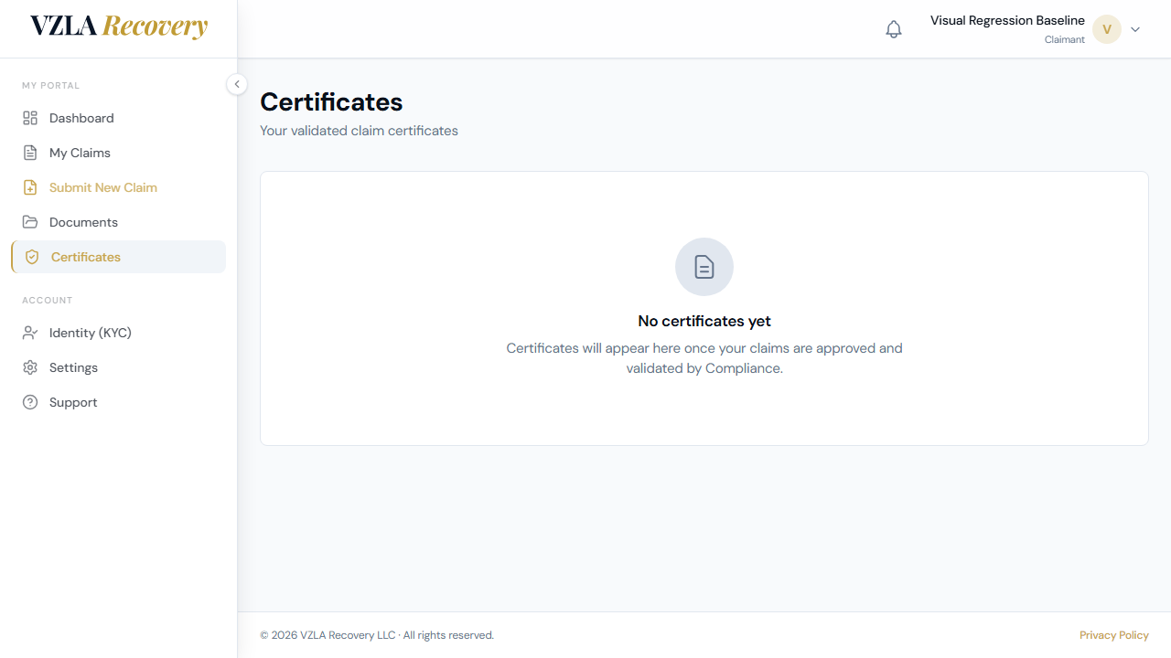 Certificates page showing approved claim cards with validated amounts in gold, claim IDs, and View/Download buttons.