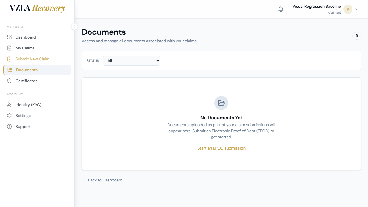 Document list showing uploaded files with status badges, file sizes, and download/replacement action buttons.
