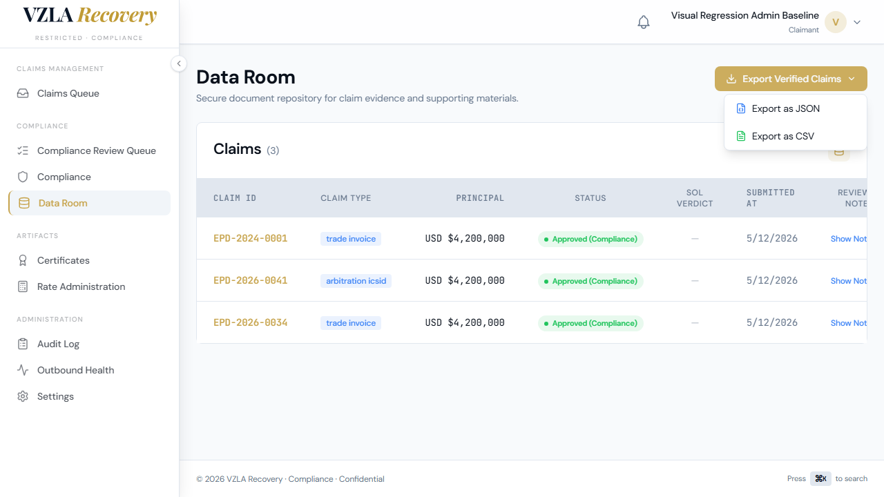 Export menu open with two options: Export as JSON and Export as CSV.