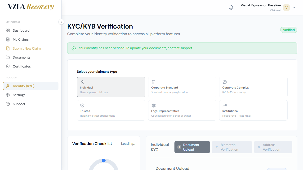 Progress bar showing verification progress and the KYC status badge indicating current verification state.