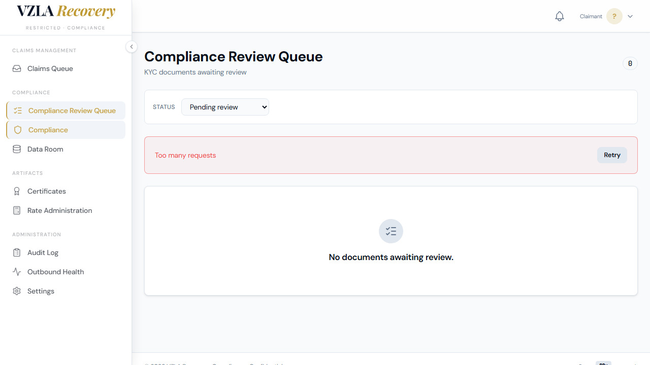 KYC queue list showing claimant names, claim IDs, document types, upload times, and status badges (Pending Review highlighted in orange).