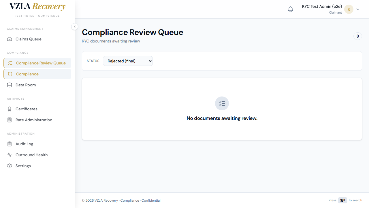 Queue list with filter dropdown open showing all status options: Pending Review, Accepted, Rejected Resubmit, Rejected Final, and All.