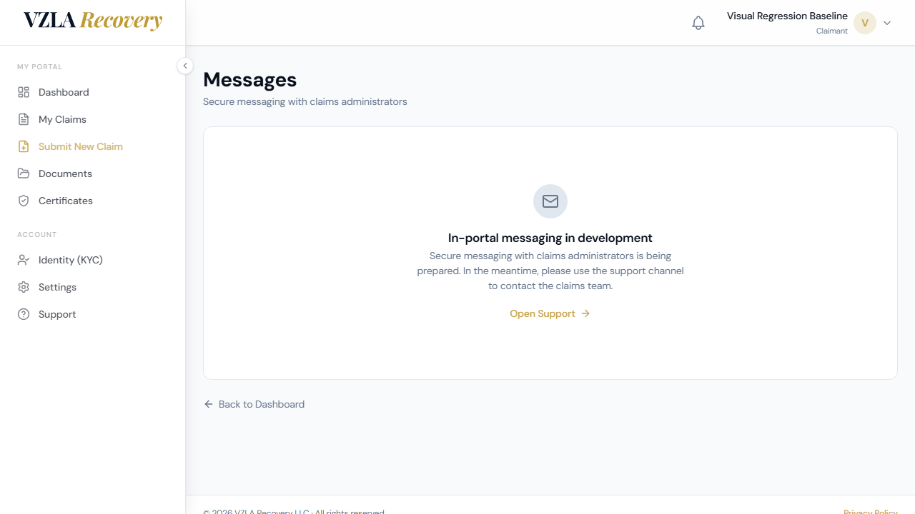 Messages page stub showing empty inbox state with envelope icon and directions to check support or return to dashboard.
