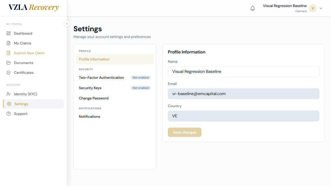 Profile Information panel with editable Name field and read-only Email and Country fields.