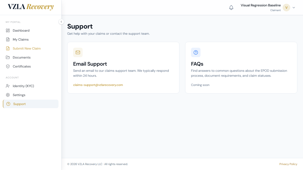 Support page with Email Support and FAQ cards, including mail icon, descriptions, and contact email link.