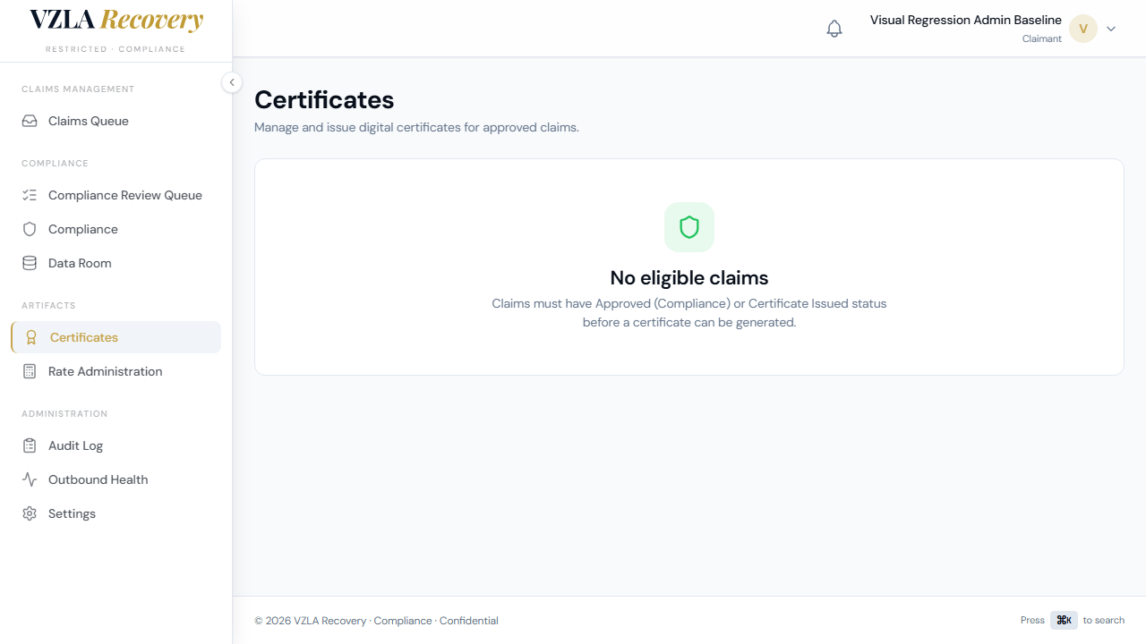 Certificates page showing an approved claim with the Generate Certificate button, and below it a generated certificate card with the certificate ID, QR code, verification hash, and action buttons.